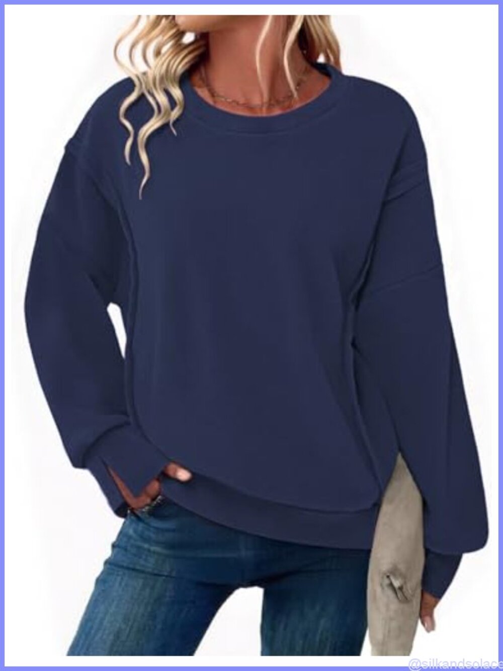 Fuzzy Fleece Sherpa Pullover Sweatshirt Crewneck Side Slit